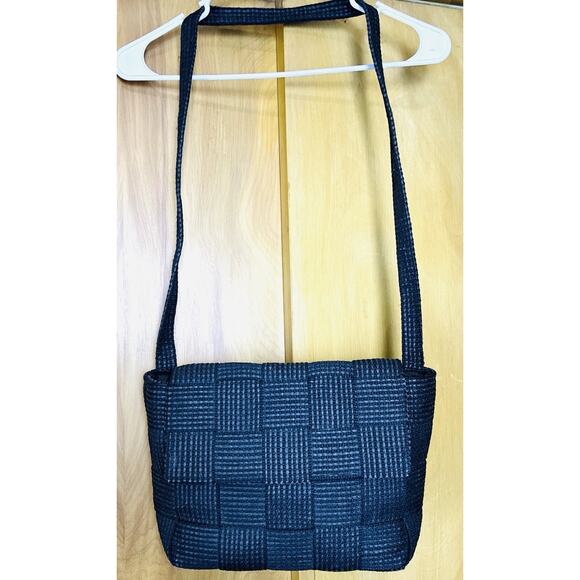 Black Fabric Woven Italian Seatbelt Style Flap Front Snap close bag - Picture 2 of 8